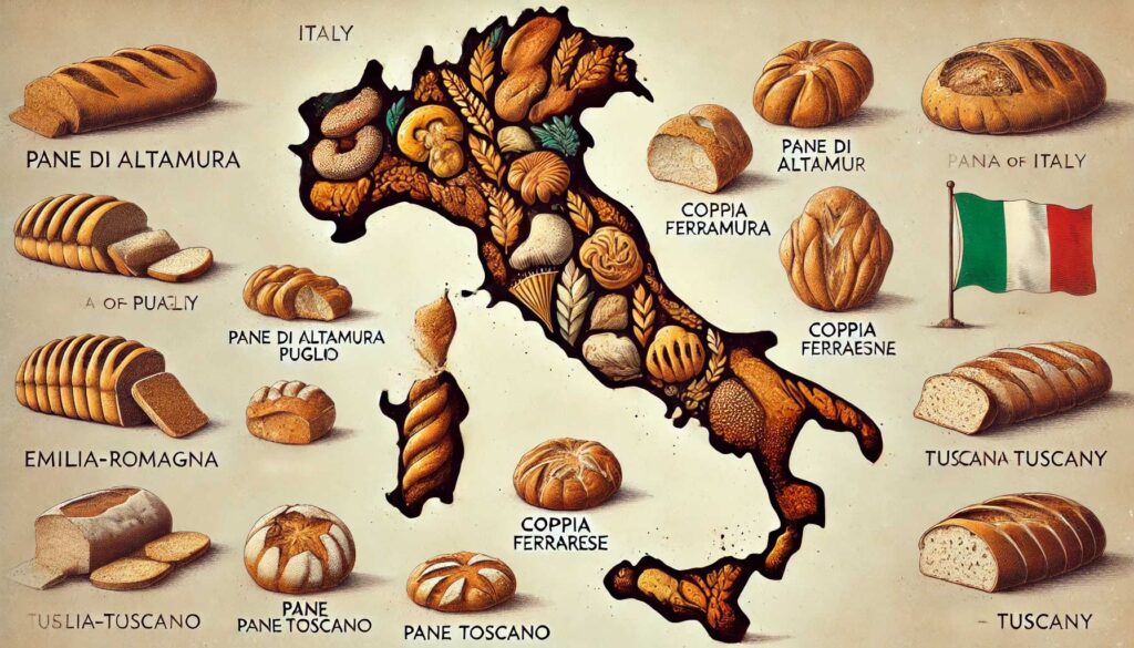 Mappa illustrata dell’Italia con rappresentazioni dei pani tipici regionali, come la Coppia Ferrarese, il Pane Toscano e il Pane di Altamura, simboli della tradizione gastronomica italiana.